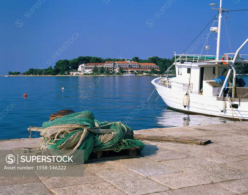 Croatia, Istria, Porec, island Sv. Nikola, Isabellschloss, harbor, net, boat, detail, destination, sight, Adriatic Sea, lake,water, fisher_boat, fish_...