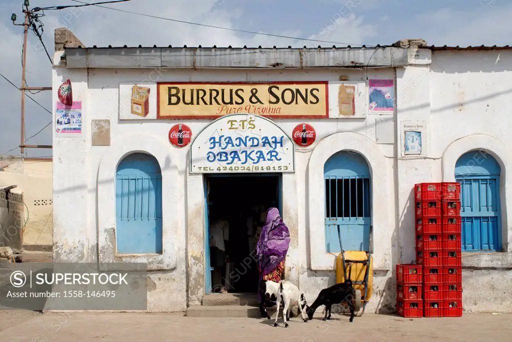Dschibuti, Tadjoura, businesses, entrance, woman, back view, goats, Africa, East_Africa, village, buildings, house, stores, people, food, natives, Lif...