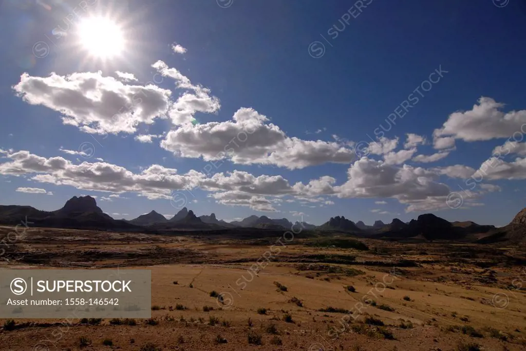 Ethiopia, Axum, mountain scenery, clouded sky, back light, Africa, East_Africa, landscape, field_landscape, fields, land use, agriculture, field_econo...