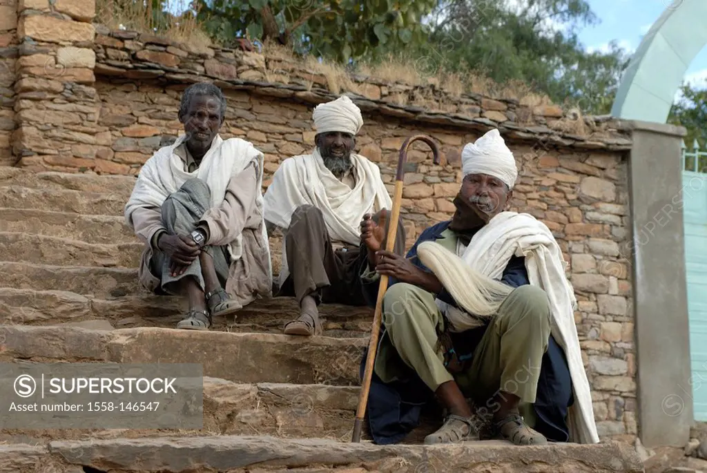 Sits Ethiopia, Yahe, stone_stairways, priests, Africa, East_Africa, people, natives people, colored men Bedouins, waits, patience, conversation, outsi...