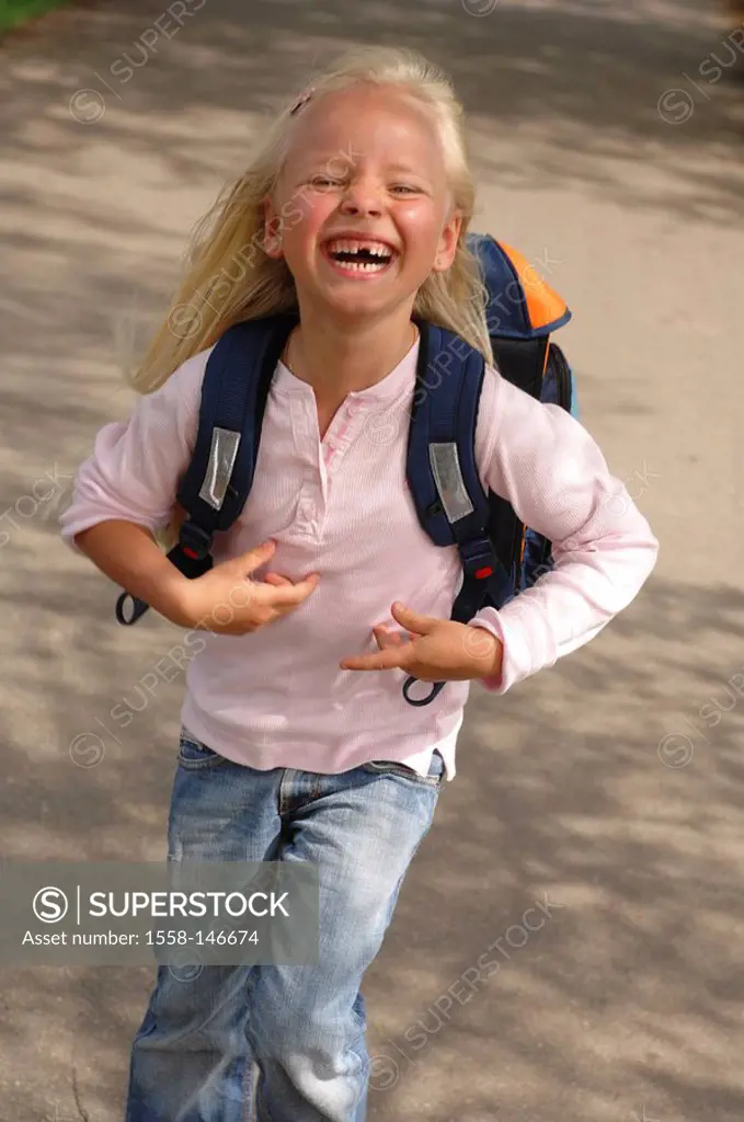 Way, child, girl, first_grader, satchel, runs laughs, happily, school_beginning, school enrollment, school_way, people, tooth_gap, blond, long_haired,...