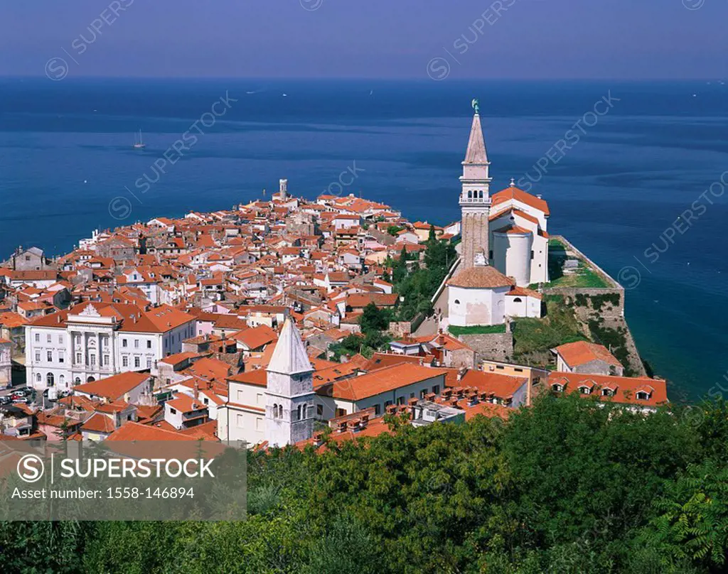 Slovenia, Istria, Piran, city view, city, sea resort, destination, Adriatic Sea, sea, Mediterranean, houses, buildings, roofs, house_roofs, church, st...