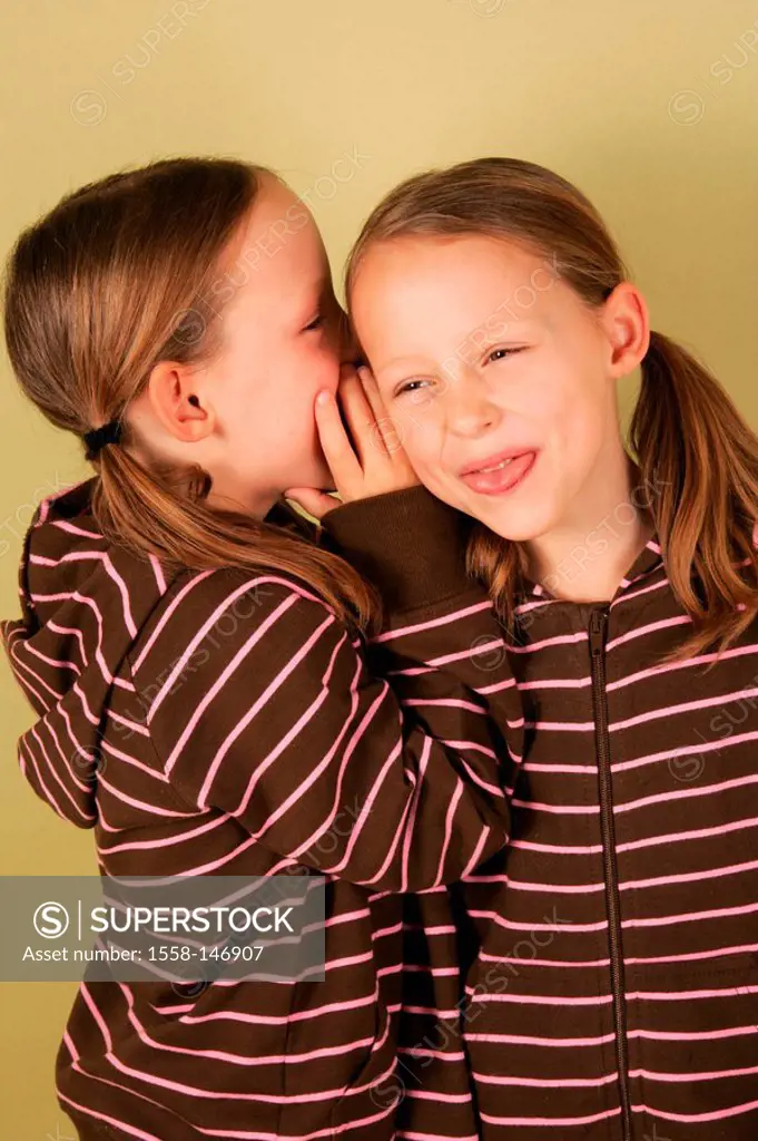 girl, twins, whisper, cheerfully, detail series, people, children, 6_10 years, siblings, sisters, twin_sisters, matching clothes, whispers, secret, be...