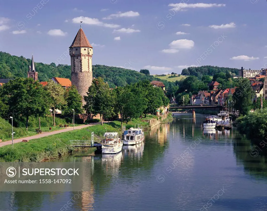 Germany, Baden_Württemberg, Wertheim, city view, sharpeners tower, Fluss Tauber person city destination city trip sight, landmark, historically, watch...