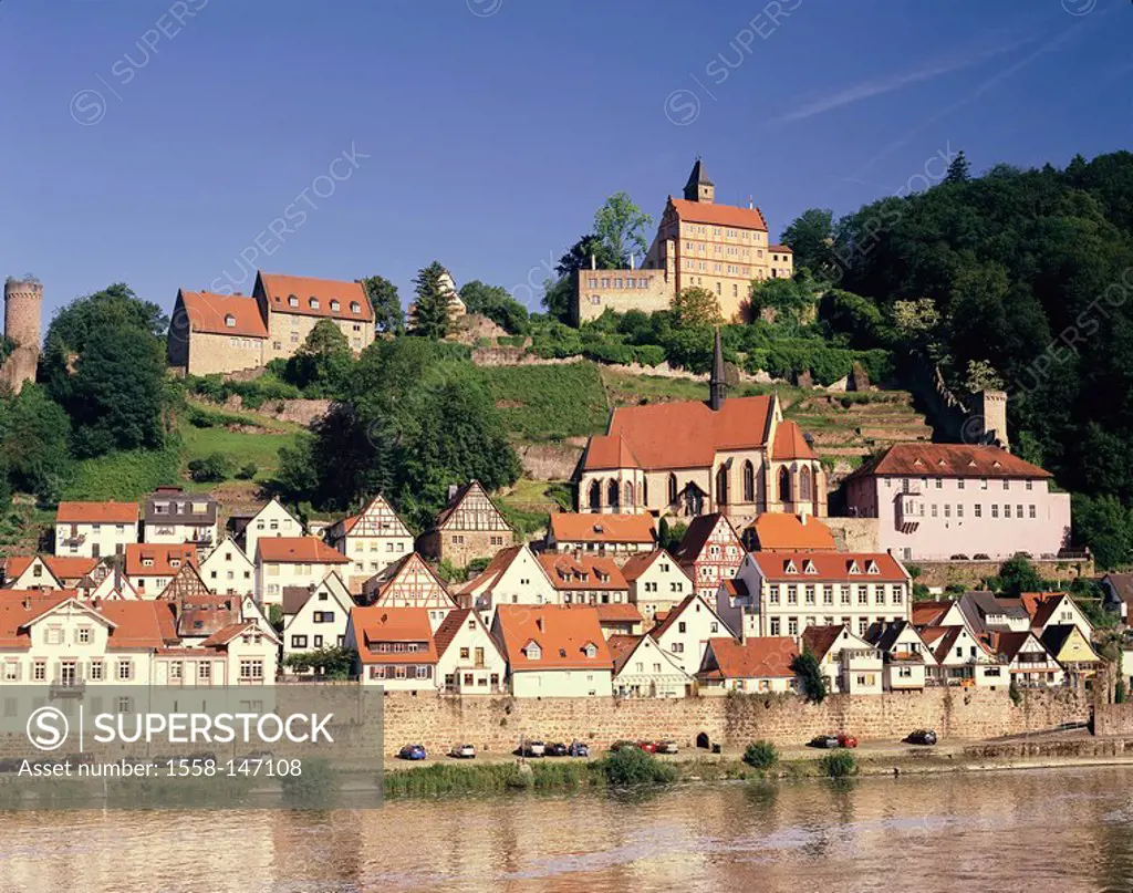 Germany, Hesse, Odenwald, Hirschhorn, city view, castle, river Neckar, city, Old Town, houses, residences, timbering_houses, church, steeple, architec...