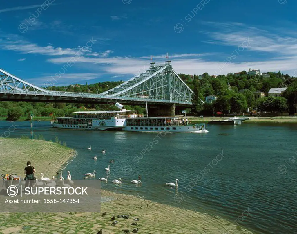 Germany, Saxony, Dresden, Loschwitzer bridge, blue miracle, trip_ship, river Elbe, construction, steel_bridge, formerly König_Albert_bridge, steel_tim...