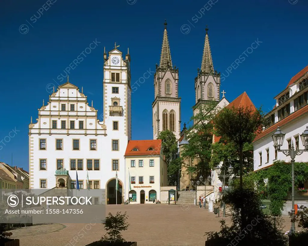 Germany, Saxony, Oschatz, town hall, Franciscan_church, Neumarkt, city, city center, market place, sight, houses, buildings, architecture, steeples, c...
