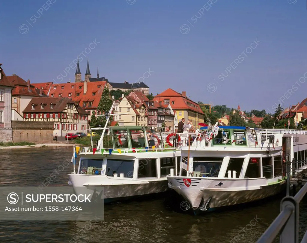 Germany, Bavaria, Bamberg, city view, Michaelisberg, river Pegnitz, ships, city, city trip, houses, timbering_houses, culture, riversides, landing pla...