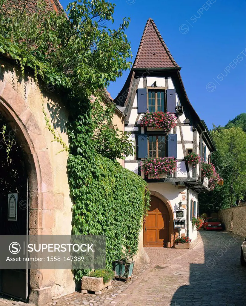 France, Alsace, Kayserberg, waitercourt_alley, timbering_house, city, house, buildings, residence, architecture, timbering, timbering_architecture, hi...