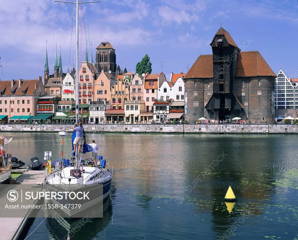 Poland, Danzig, city view, crane_gate, river Mottlau, sailboat, East_Europe, port, Gdansk, row of houses, citizen_houses, Stary Zuraw, architecture, m...