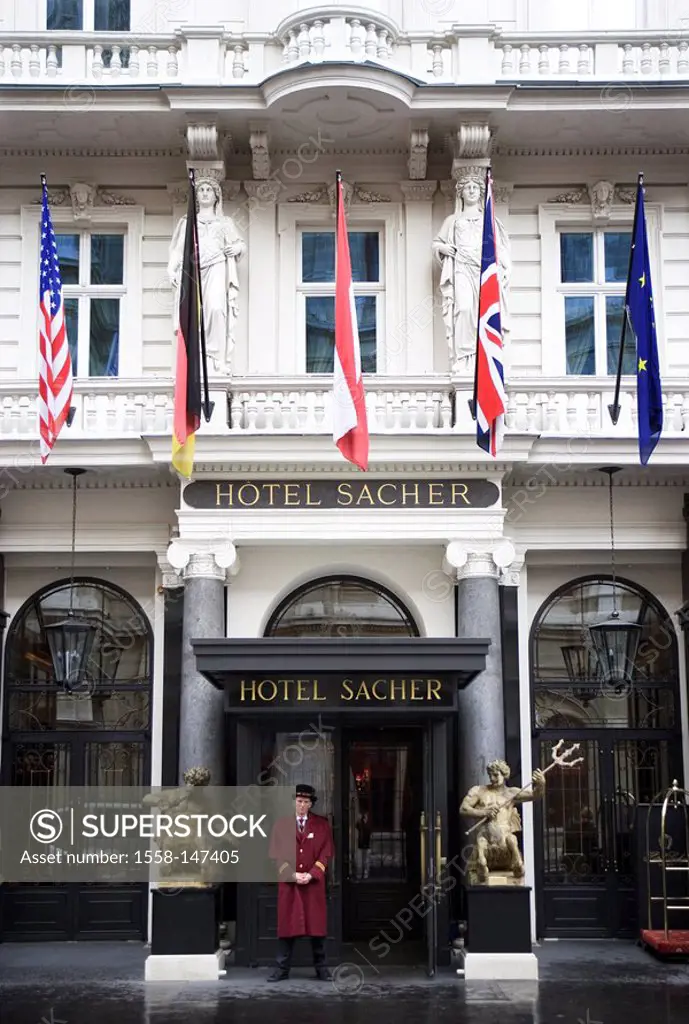 Austria, Vienna, Kärntner Street, hotel Sacher, entrance_area, porter, capital, hotel_buildings, tradition_hotel, famous, universally known, entrance,...
