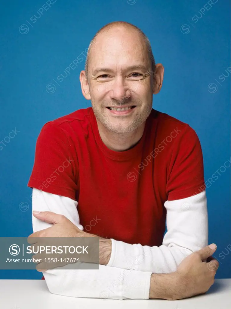 Man, bald head, smiling, cheerfully, portrait, series, people, kindly, balance, contentment, joy, happily, sitting, waits, protests, studio,interior,