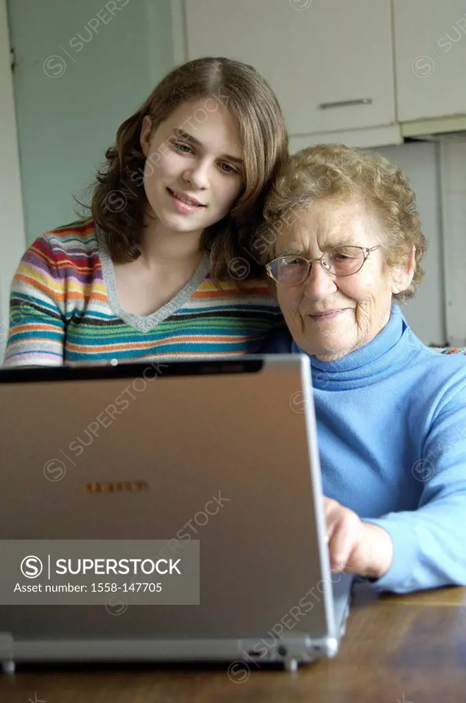Senior, grandson_daughter, Notebook, surfing the web, cheerfully, detail, series, people, woman, grandma, seniors, child, grandsons, girl, computers, ...