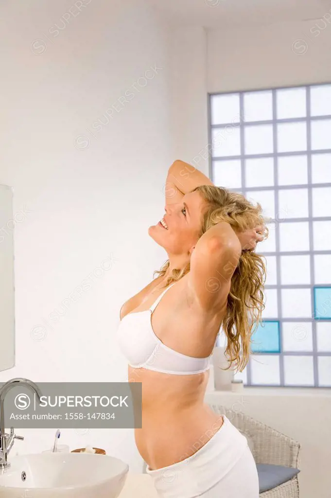 woman, young, blond, cozy, bath, stands, stretches, at the side, series, people, 30_40 years, overweight, stout, long_haired, curly, happily, smiling,...
