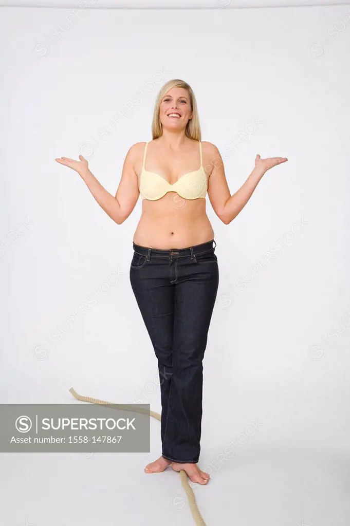 woman, young, bra cozy, barefoot, rope, balances, series, people, 30_40 years, overweight, stout, pants, jeans, blond, long_haired, full_length, fun, ...