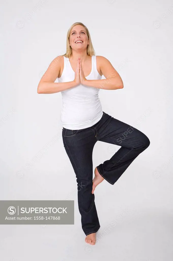 woman, young, cozy, barefoot, stands, yoga_exercise, series, people, 30_40 years, overweight, stout, pants, top, blond, long_haired, full_length, bare...
