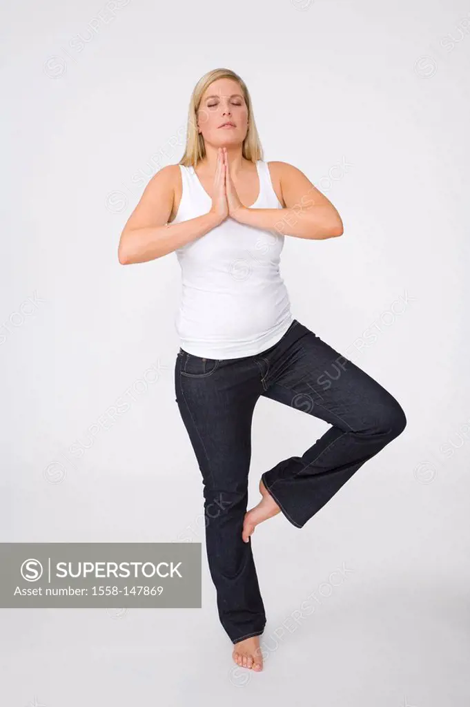 woman, young, cozy, barefoot, stands, yoga_exercise, series, people, 30_40 years, overweight, stout, pants, top, blond, long_haired, full_length, bare...
