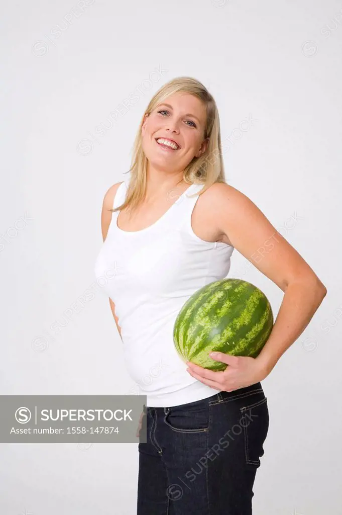woman, young, cozy, watermelon, holding, at the side, series, people, 30_40 years, overweight, stout, top, blond, long_haired, happy, summery, smile, ...