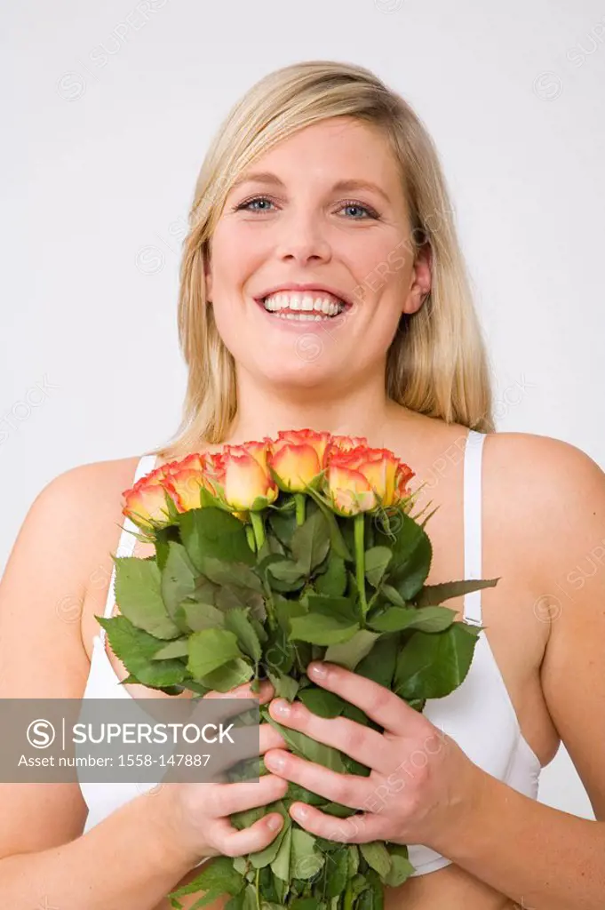 woman, young, cozy, bra rose_bouquet, holding, smiling, portrait, series, people, 30_40 years, overweight, stout, blond, long_haired, cheerfully, happ...