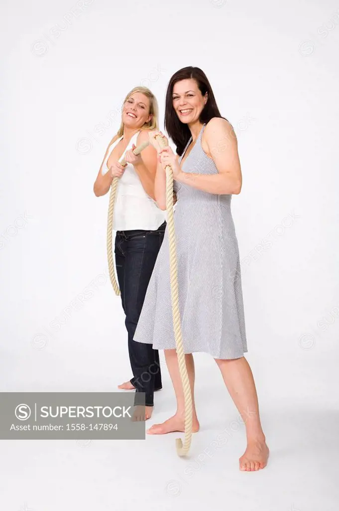 Women, friends, fun, rope_moves, series, people, two, 30_40 years, blond, brunette, long_haired, cozy, stout, overweight, fit, laughing, rope, athleti...
