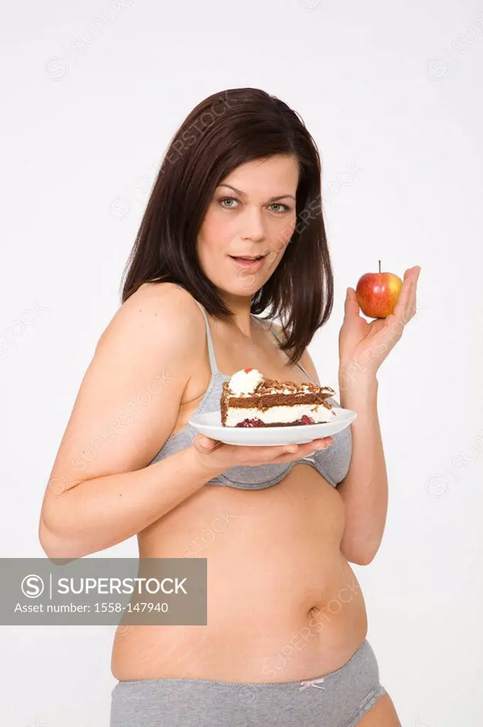 woman, brunette, underwear, apple, pie, holding, series, people, 30_40 years, bra panties, underpants, long_haired, cozy, overweight, concept, decisio...