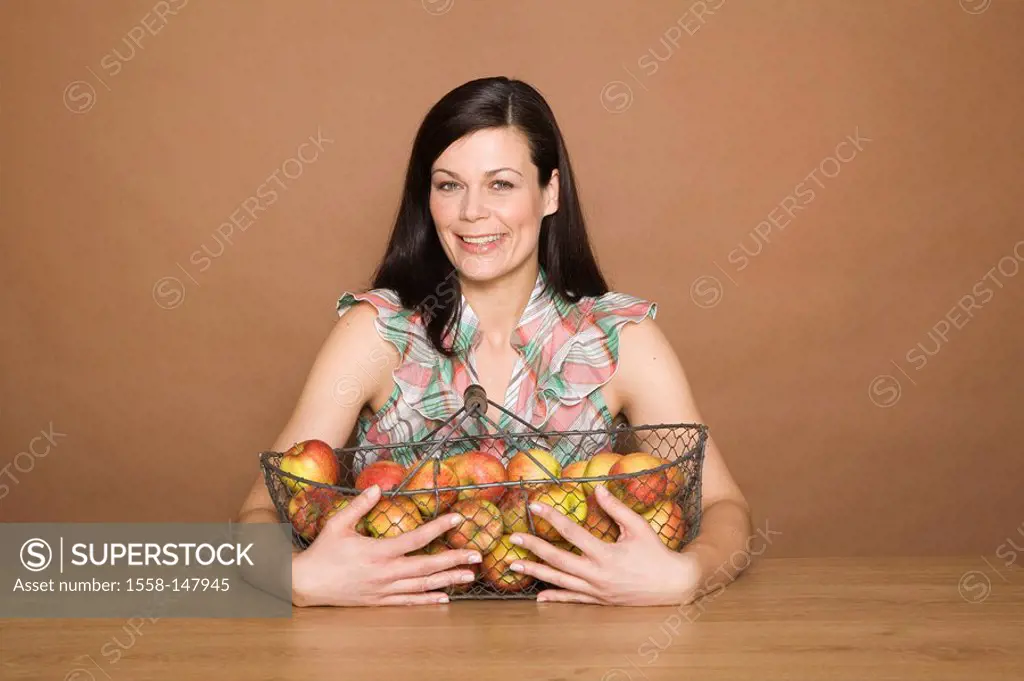 woman, brunette, smiling, basket, apples, portrait, holds series, people, woman_portrait, 30_40 years, long_haired, cozy overweight, blouse, nutrition...
