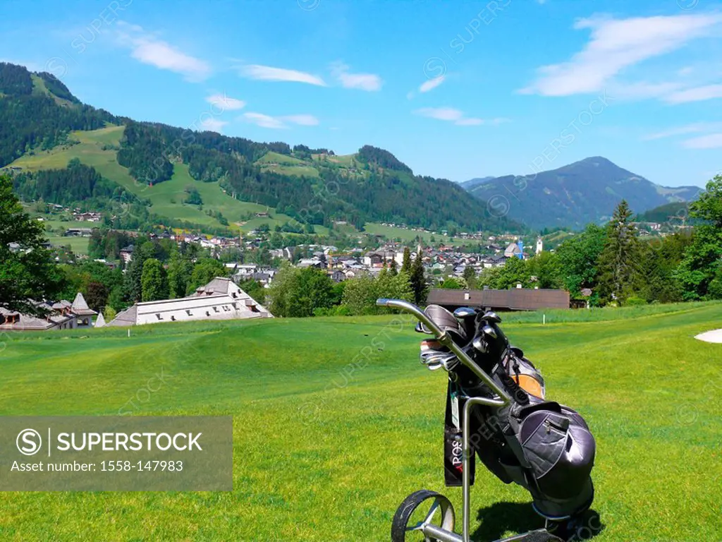 Austria, Tyrol, Kitzbühel, golf course_capes, golfclub_Kitzbühel, fairway, Golfbag, Trolley, place_overview, summer, view, view, sport, hobby, leisure...