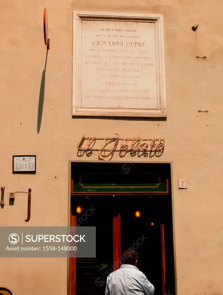 Italy, Tuscany, Florence, Old Town, Via_Isola_delle_Stinche, bar Vivoli Gelateria, door, memorial plaque, Giovanni Dupre, house, economy, sale, gastro...
