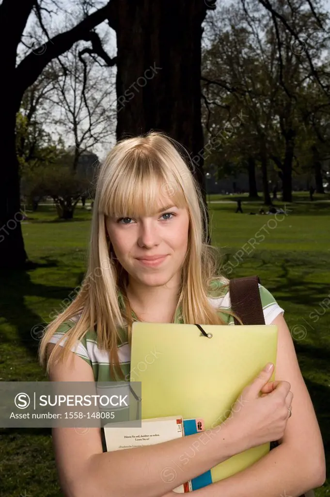 Park, student, smiling, portrait, series, people, teenagers, schoolgirl, blond, stewards, school_records, carry, kindly, naturalness, leisure time, Li...