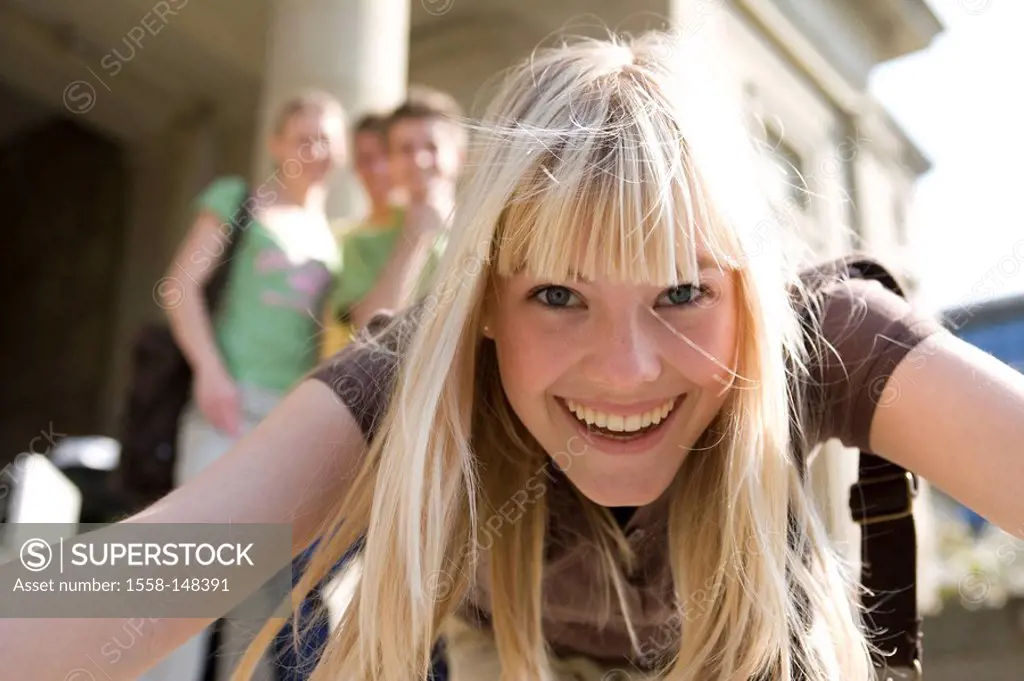 University, students, foreground, woman, young, laughing, portrait, outside, series, people, teenagers, students, friends, schoolmates, school_colleag...