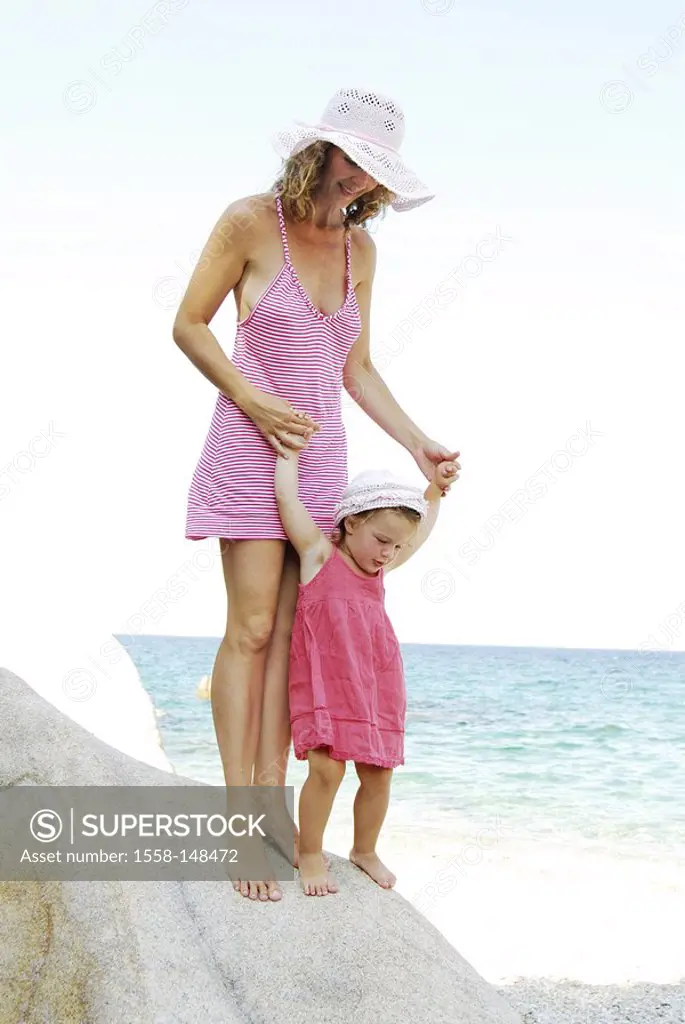 Mother, daughter, summer_dress, hat, beach, rocks, stands,