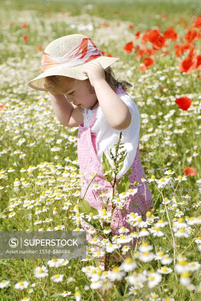 Hold on child, girl, flower meadow, hat,