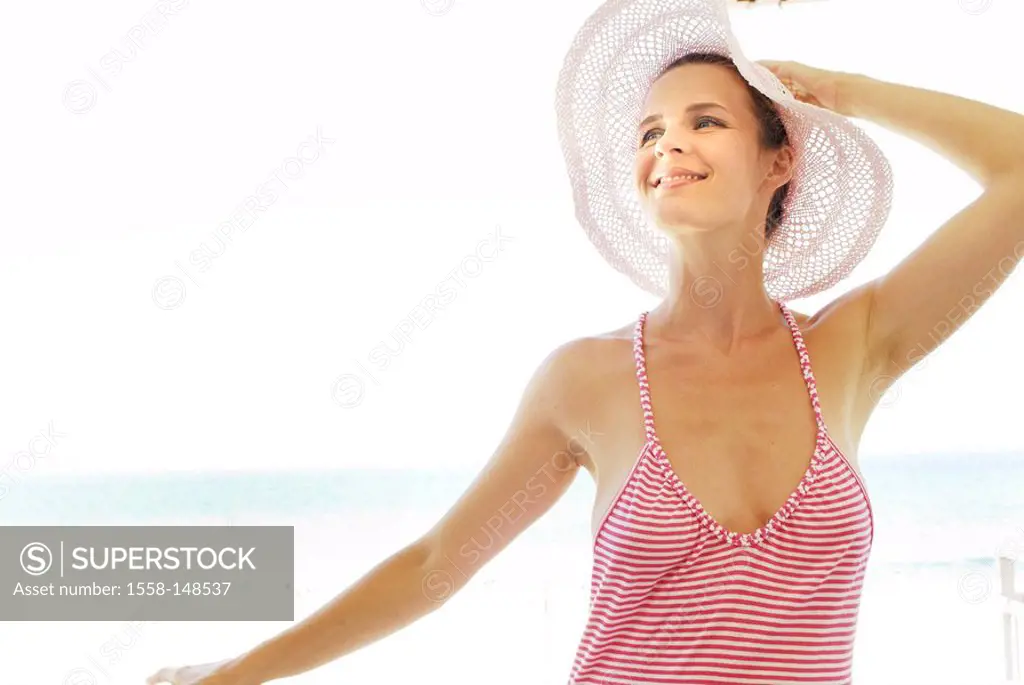 woman, young, summerwear, sunhat, happily, laughing, portrait,