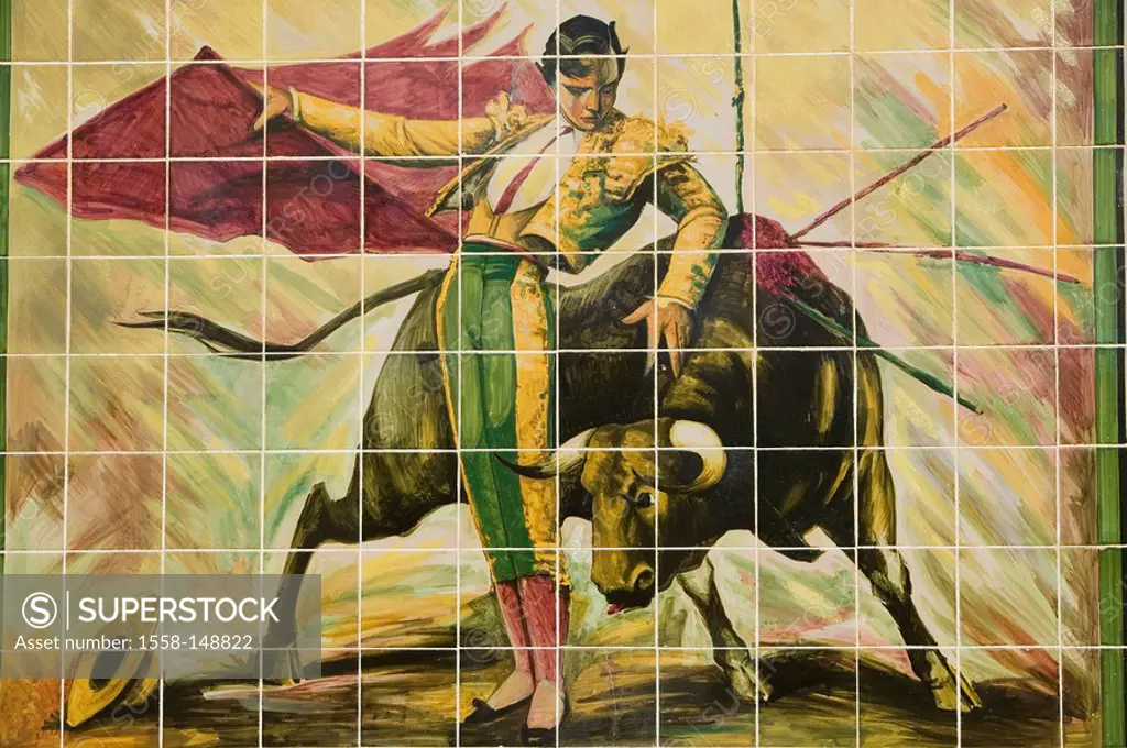 usa, Missouri, Kansas city, bullfight, tile_wall, paintings, close_up