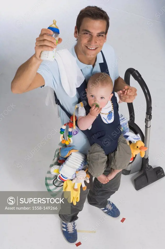 Father, young, lancourt, baby, vial, diapers, cleaner, vacuum cleaners, symbol, homemaker, smiling, top view, series, people, studio,full_length, man,...