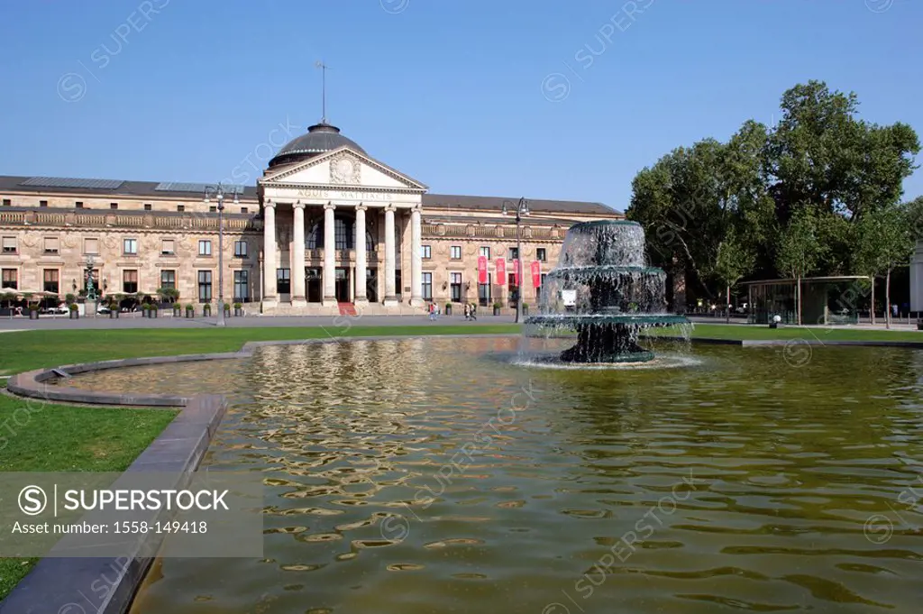 Germany, Hesse, Wiesbaden, cure_house, Casino, fountains, city, provincial capital, spa gardens, cure_installation, wells, casino, facade, columns, we...