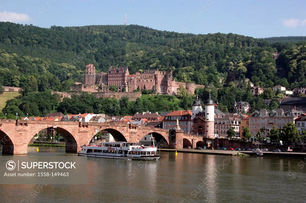 Germany, Baden_Württemberg, Heidelberg, city view, Neckar, Carl_Theodor_bridge, city, university_city, river, boat, ship, trip_ship, tourism, bridge, ...