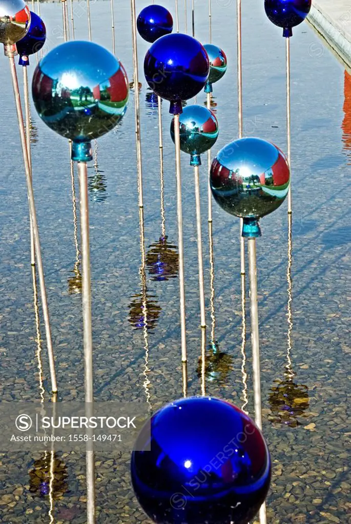 Garden, water, rose_balls, reflection, pond, balls, blue, decoration, decoration, garden_decoration, ornament, garden_ornament, flower_balls, verspieg...