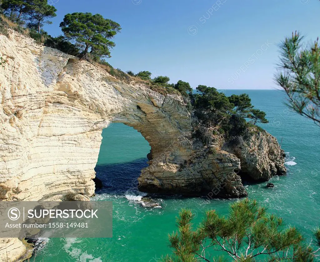 Italy, Apulia, Gargano, Baia di San Felice steep_coast rock_bow South_Italy coast, sea, Mediterranean, Adriatic Sea, nature, cliff, rock_coast, nature...