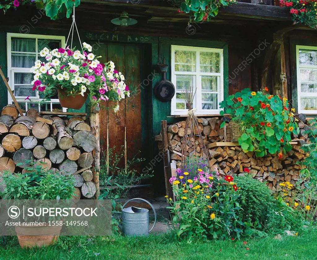 framehouse, facade, detail, windows, flower_jewelry, firewood, farmhouse, cottage, house, alm, decoration, flowers, logs, stacked, stacked, wood, fire...