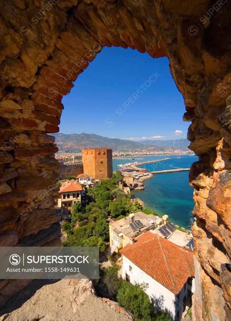 Turkey, Alanya, stone_wall, round_bow, gaze, harbor, red tower, Mediterranean_coast, Mediterranean, city view, Kizil Kule, tower_construction, octagon...