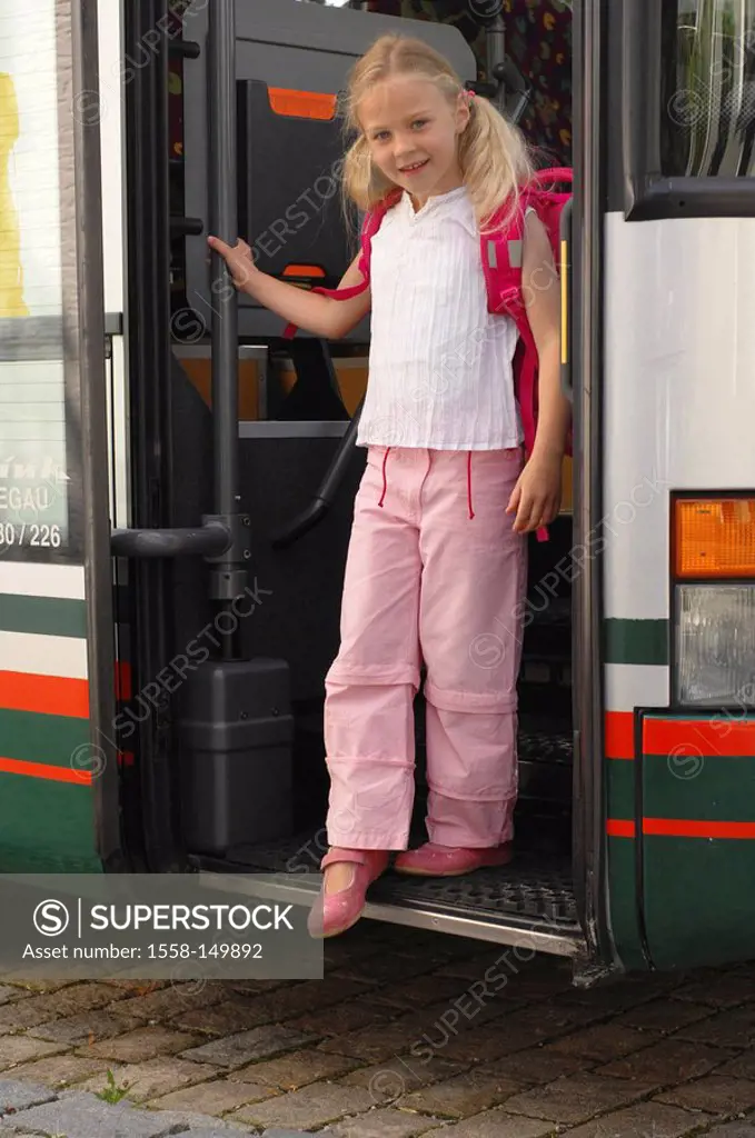 Gets out school bus, detail, door, girl, transportations, means of transportation, publicly, vehicle, bus, passenger transportation, transportation, p...