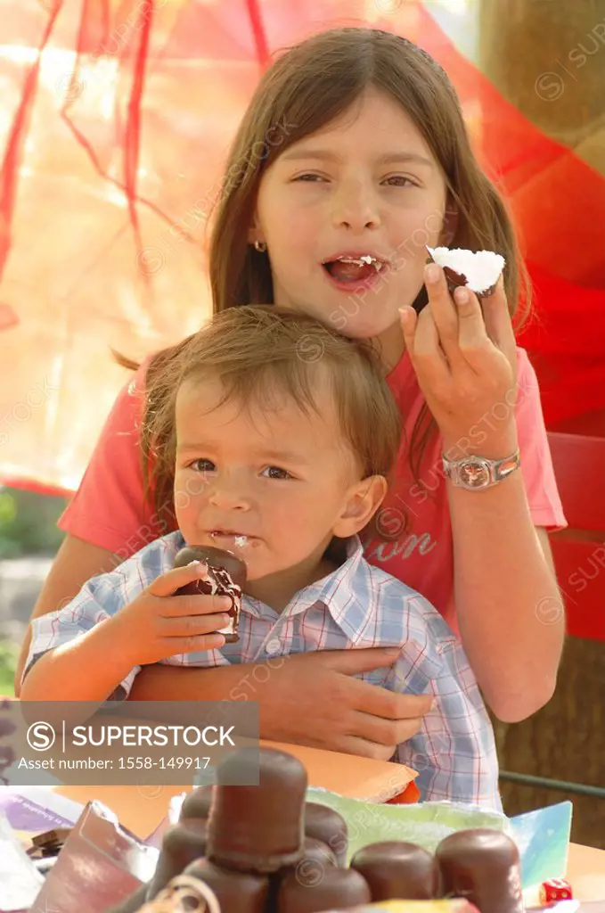 boy, girl, cheerfully, cream_filled chocolate cake, eating, portrait, summer, garden, terrace, table, people, children, two, siblings, old_age_differe...