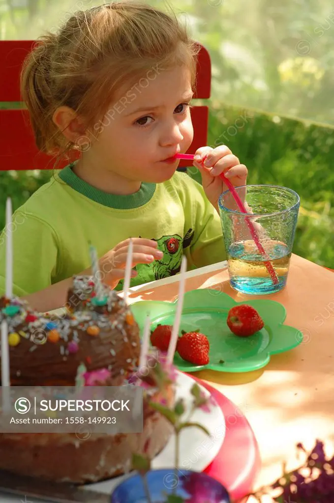 Child_birthday, girl, glass, drinks straw, portrait, summer garden terrace table, birthday, people, child, sitting, thirst, tumbler, beverage birthday...
