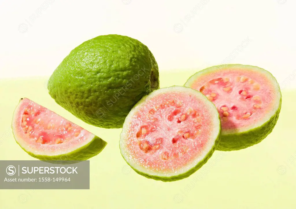 Guaven, completely, myrtle_plants, cut open fruit, fruits guava Guava Guayaba Goiaba, tropical, exotic, juicy, fruity, aromatic, sweet_acid, salmon_co...