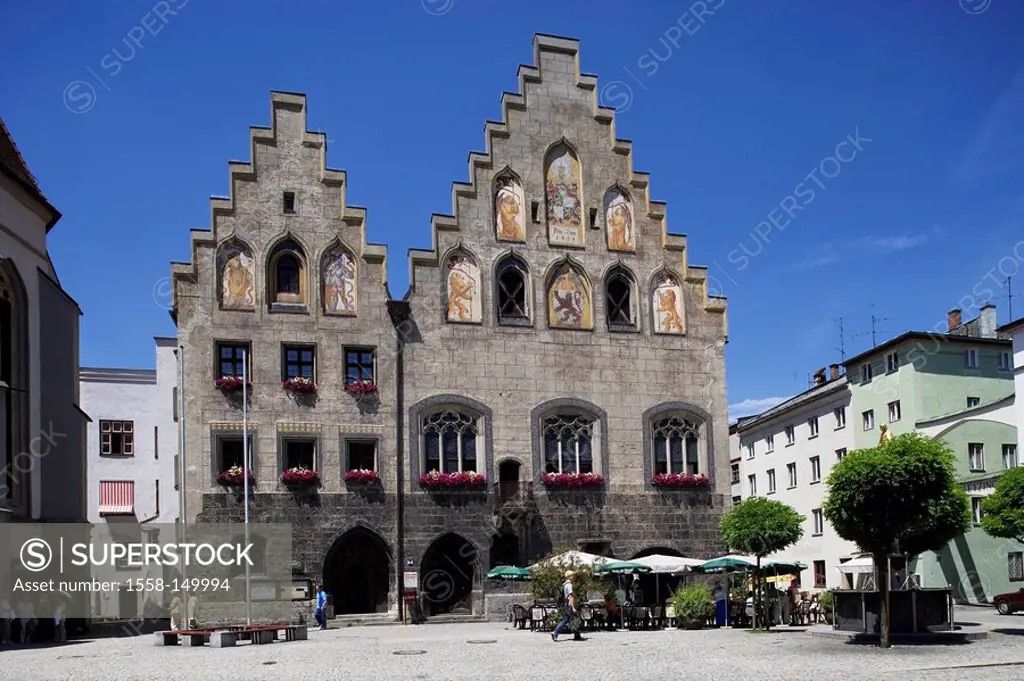 Germany, Bavaria, Wasserburg am Inn, city view, Marienplatz, town hall, Marienbrunnen, cafe, summer, Upper Bavaria, city, peninsula, Old Town, place, ...