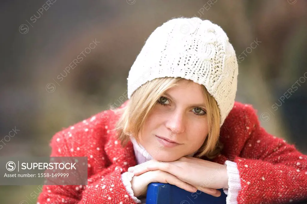 woman, young, blond, cap, portrait, people, girl, smiling, self_confidently, contentedly, headgear, crochet_bonnet, rope_cap, autumnal, winter_clothin...