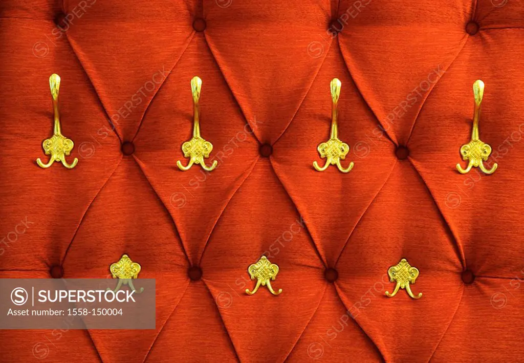 Cloakroom, upholstered, coat hooks, detail, hall_stand, wall_cloakroom, cloakroom_hooks, golden, wallcovering, upholstery, material, red, wall_fabric,...
