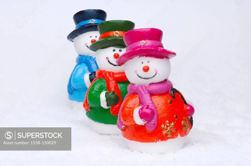 artificial snow, candles, snowmen, colorfully, three, Christmas_decoration, decoration_objects, figures, wax_figures, green, blue, red, decoration, Ch...