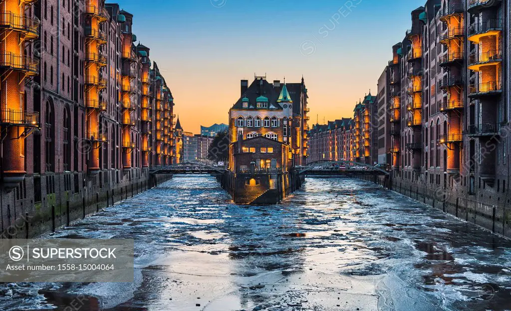 The famous Speicherstadt in Hamburg, Germany during winter